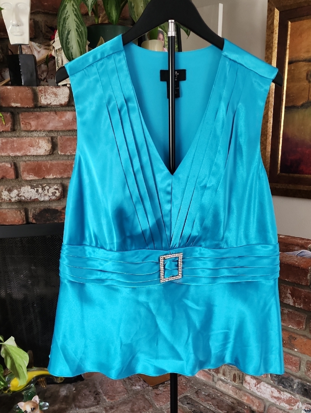NWT Studio 1940 Turquoise Satin Rhinestone Buckle Y2K Party Top